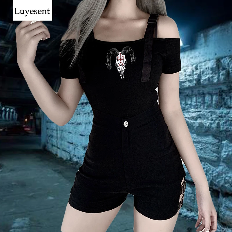 

Black Dark Goth Woman Tight T-shirts 2020 Lady Adjustable Plastic Buckle Baldric Off Shoulder Goat Print Tshirt Gothic Punk Top