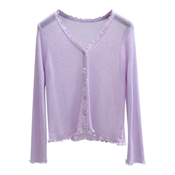 

V-Neck Knitted Thin Women Sweater And Cardigan 2020 Summer New V-Neck Long-Sleeved Ruffles Lady Elegant Outwear Coat Tops