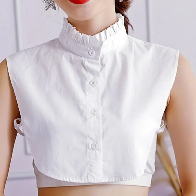 

Womens Elegant Wrinkled Ruffles Fake Stand Collar Basic Layering Pure White Sweater Accessory Autumn Detachable HalfShirt Blouse