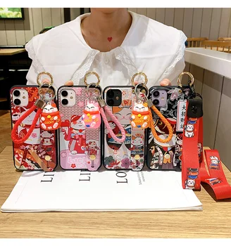 kawaii lucky cat phone case with holder pendant and lanyard