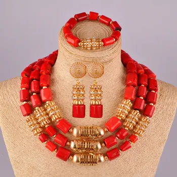 

Fashion Red Coral Jewelry Set Nigeria Wedding African Beads Jewelry Sets for Women