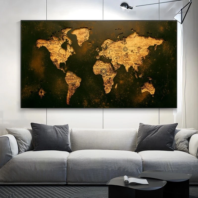 

Abstract Golden World Map Canvas Art Posterss and Prints Retro Style Maps Hanging Pictures for Home Living Room Decor No Frame