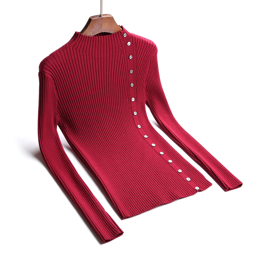 

HLBCBG Autumn Winter Thick Women Sweater Pullovers Button Turtleneck Basic Jumper Top Slim Soft Long Sleeve Pull Femme Sweater
