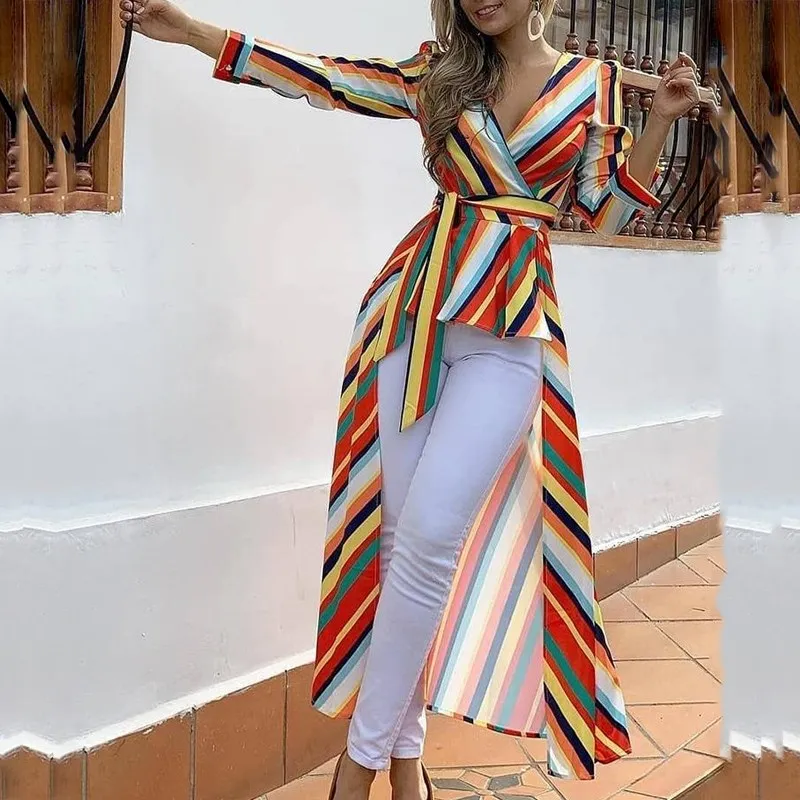 

Fashion Nice Women Casual Striped Asymmetrical Blouses Elegant V-Neck Long Sleeve Lace Up Ruffles Shirts