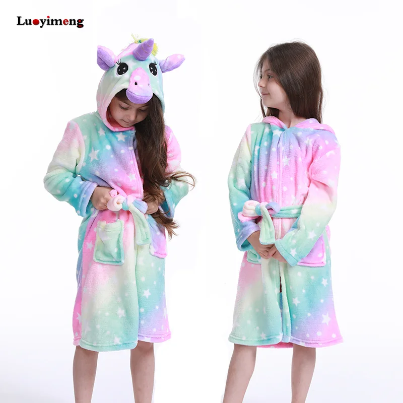 Зимний детский банный халат с единорогом для девочек, пижамы, Детская одежда для сна с капюшоном и животными для мальчиков, детский халат, детская ночная рубашка - Цвет: as pic
