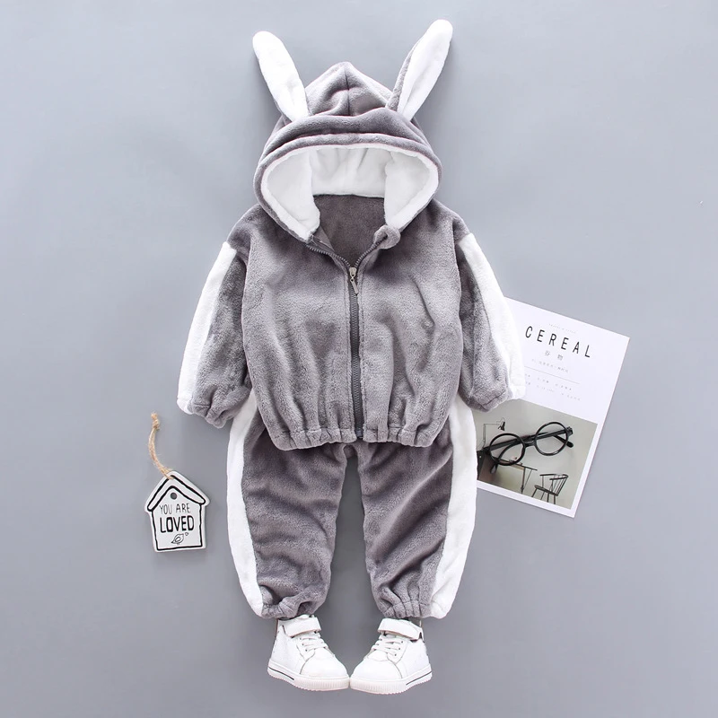 Grey No Shoes Детская одежда зимняя Милая шляпа для маленьких девочек бархатный костюм с заячьими ушками для мальчиков детские комплекты для девочек, мода года, стиль, розовый и серый цвета - Цвет: Grey No Shoes