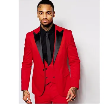 

New Groomsmen Black Lapel Groom Tuxedos WhiteRed Men Suits Wedding Best Man Blazer (Jacket+Pants+Vest)