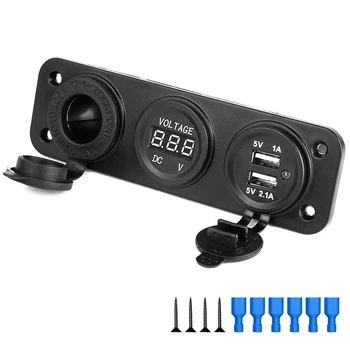 

2 USB Car Charger Motorcycle Plug Dual USB Adaptor + 12V/24V Cigarette Lighter Socket LED + Digital Voltmeter 2.1A/ 3.1A Charger