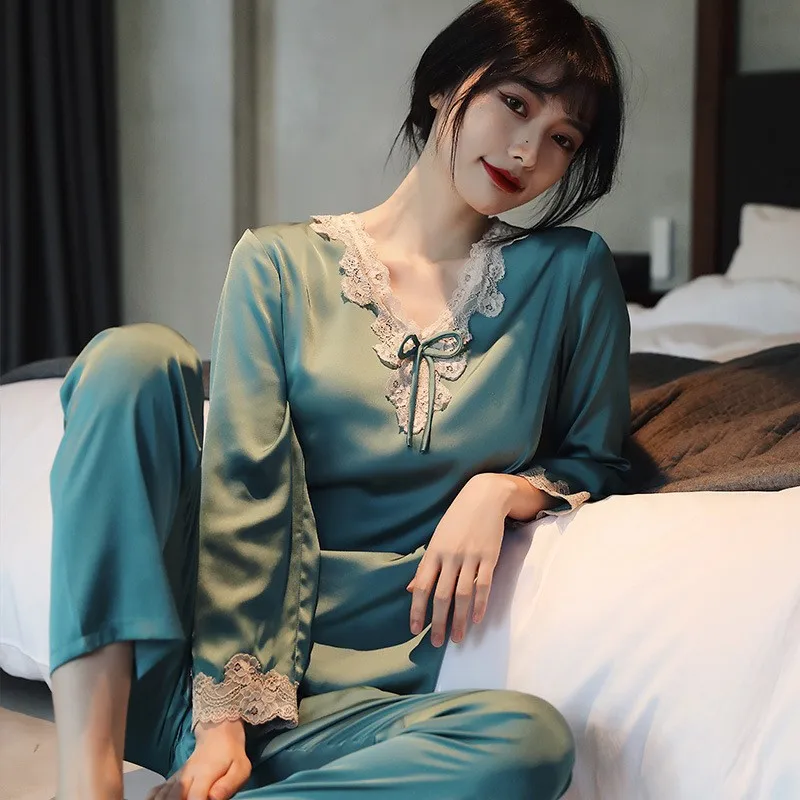 Lace Pj's 2PCS Sleepwear Women Satin Pajamas Suit Summer Pyjamas Casual Intimate Lingerie Long Sleeve Shirt&Pants Lounge Wear