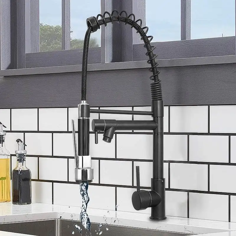 

Black Spring Pull Out 360 Rotation Kitchen Faucet Water Tap Handheld Dual Spout Kitchen Water Outlet Mixer Taps Side Sprayer