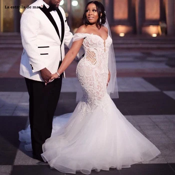 

Arabic vestido novia sirena new lace crystal luxury OFF shoulder ivory sexy mermaid wedding dress long robe de mariage custom
