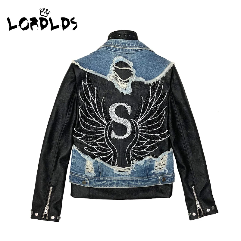 

LORDLDS Women Denim Leather jackets 2019 Female Biker motorcycle zipper rivet leather jacket outwear clothing