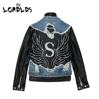 

LORDLDS Women Denim Leather jackets 2019 Female Biker motorcycle zipper rivet leather jacket outwear clothing