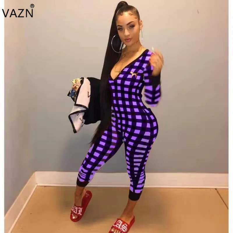 VAZN GFST17038 новые свободные спортивные костюмы комбинезоны в клетку с длинным рукавом облегающие круглые с коротким рукавом женские эластичные длинные узкие комбинезоны