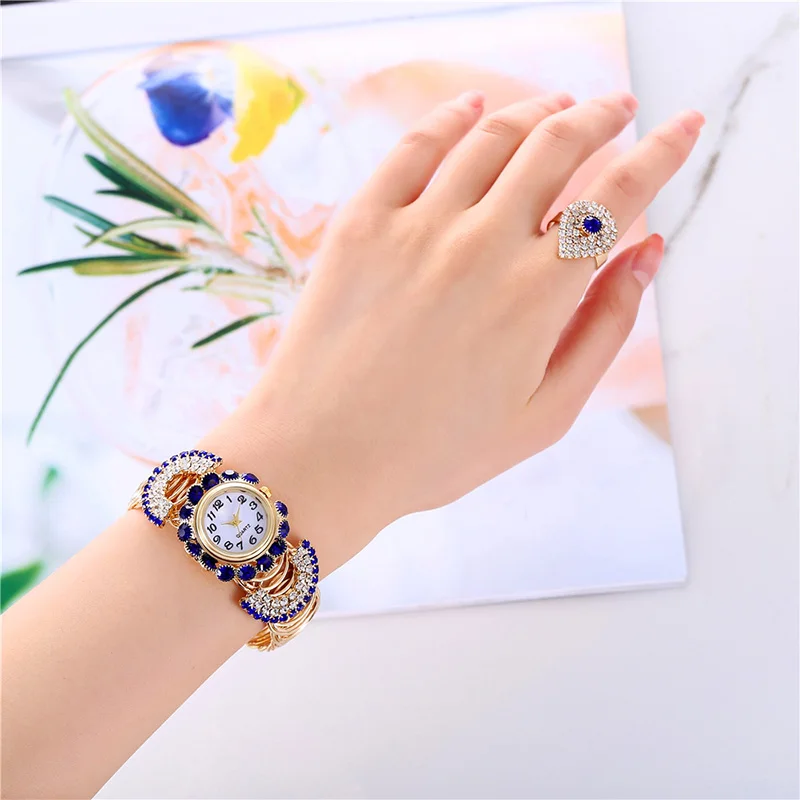 Trend Diamond Bracket Band Ring Bracelet Watch European and American Fashion Gorgeous Rhinestone Female Quartz Watch