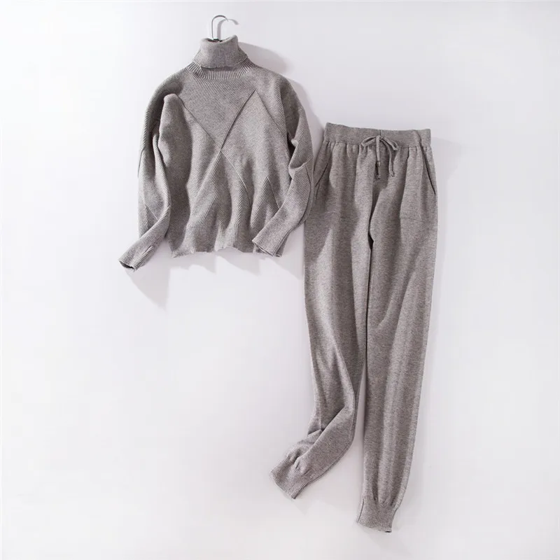 Женский свитер, костюмы и комплекты, водолазка с длинным рукавом, вязаные свитера+ длинные брюки с карманами, комплекты из 2 предметов, зимняя одежда из двух предметов - Цвет: Серый