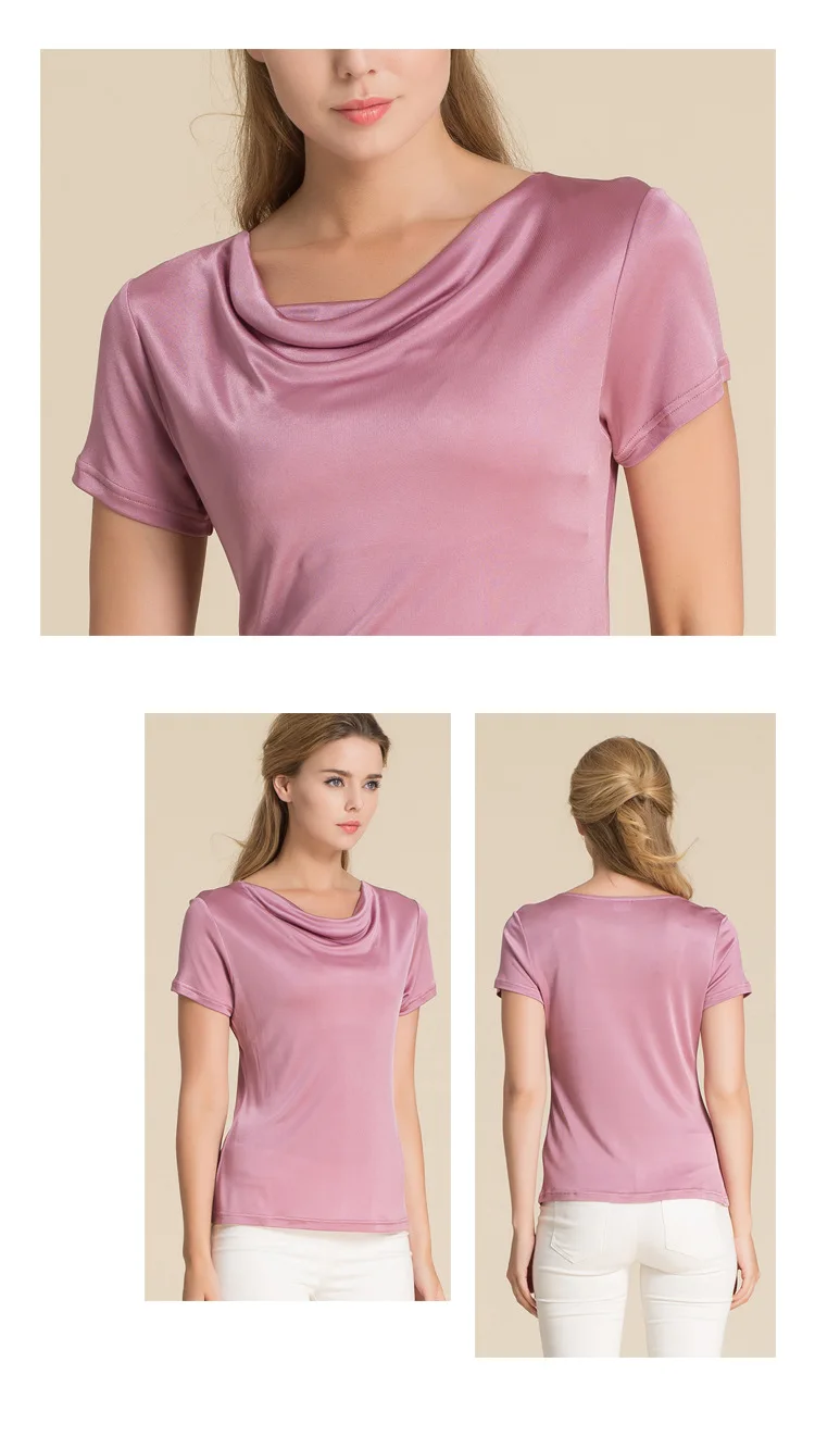 Женские футболки из чистого шелка, женские рубашки с воротником-хомутом, женские топы с коротким рукавом, Женская Повседневная футболка, женские футболки
