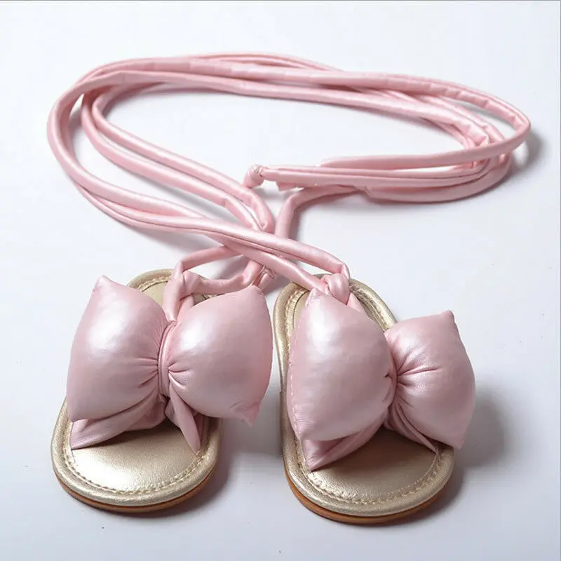 

2019 Fashion Infant Baby Girl Soft Sole Sandals Toddler Summer PU Shoes Big Bowknot Lace-up Sandals Solid Color 0-18Months