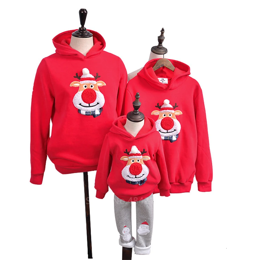 Christmas Family Matching Outfits New Year Family Look Mother and Daughter Clothes Red Elk Winter Warm Xmas Hoodies