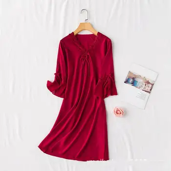 

Burgundy Women Home Dressing Nightdress Casual Lace Nightgown Homewear Sexy Half Sleeve Nightwear Bathrobe Gown Negligee