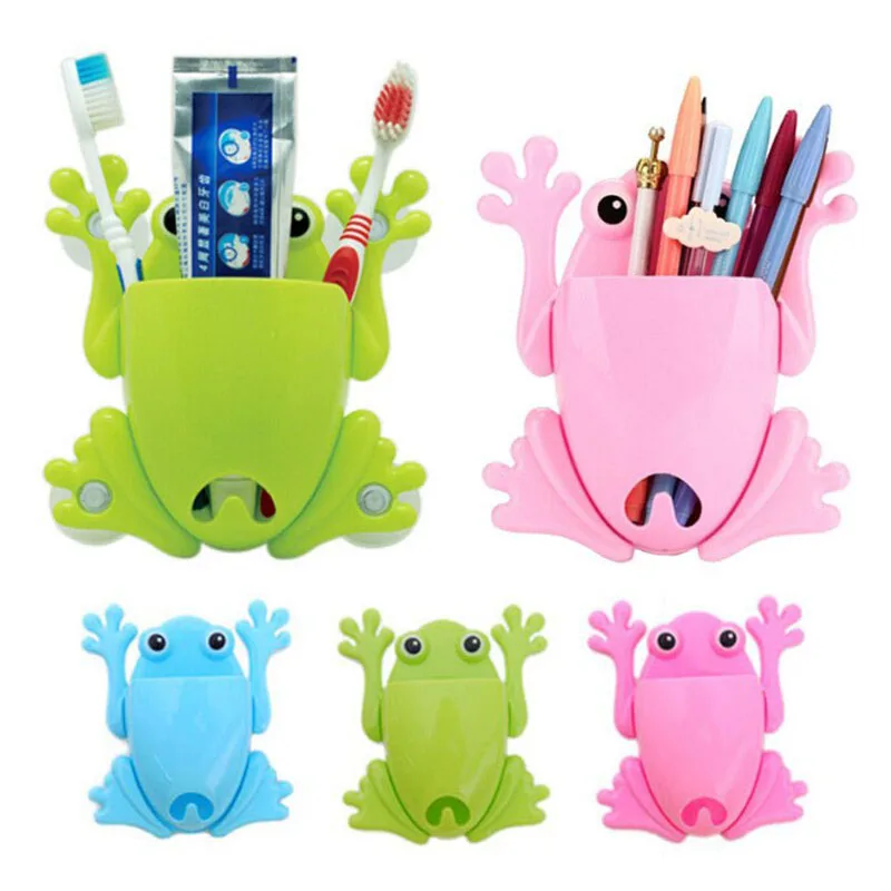 Bathroom Accessories Powerful Suction Cup Free Punch Cartoon Frog Toothbrush Holder Wall Suction Hook ToothBrush Holder For Kids