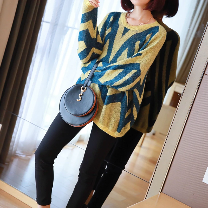 

Oversized Contrast Knitted Sweater for Ladies Batwing Sleeve Pink Yellow Pullovers Fall Clothes for Women Autumn Winter Sweater