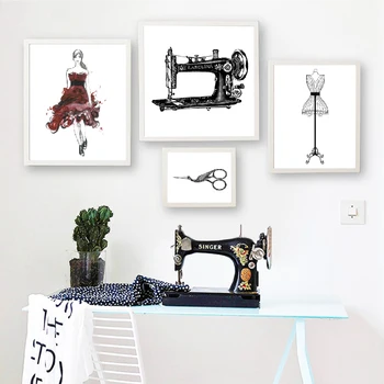 

Sewing Print Fashion Wall Art Picture Room Wall Decor , Vintage Fashion Sewing Machine Poster Model Mannequin Canvas Painting
