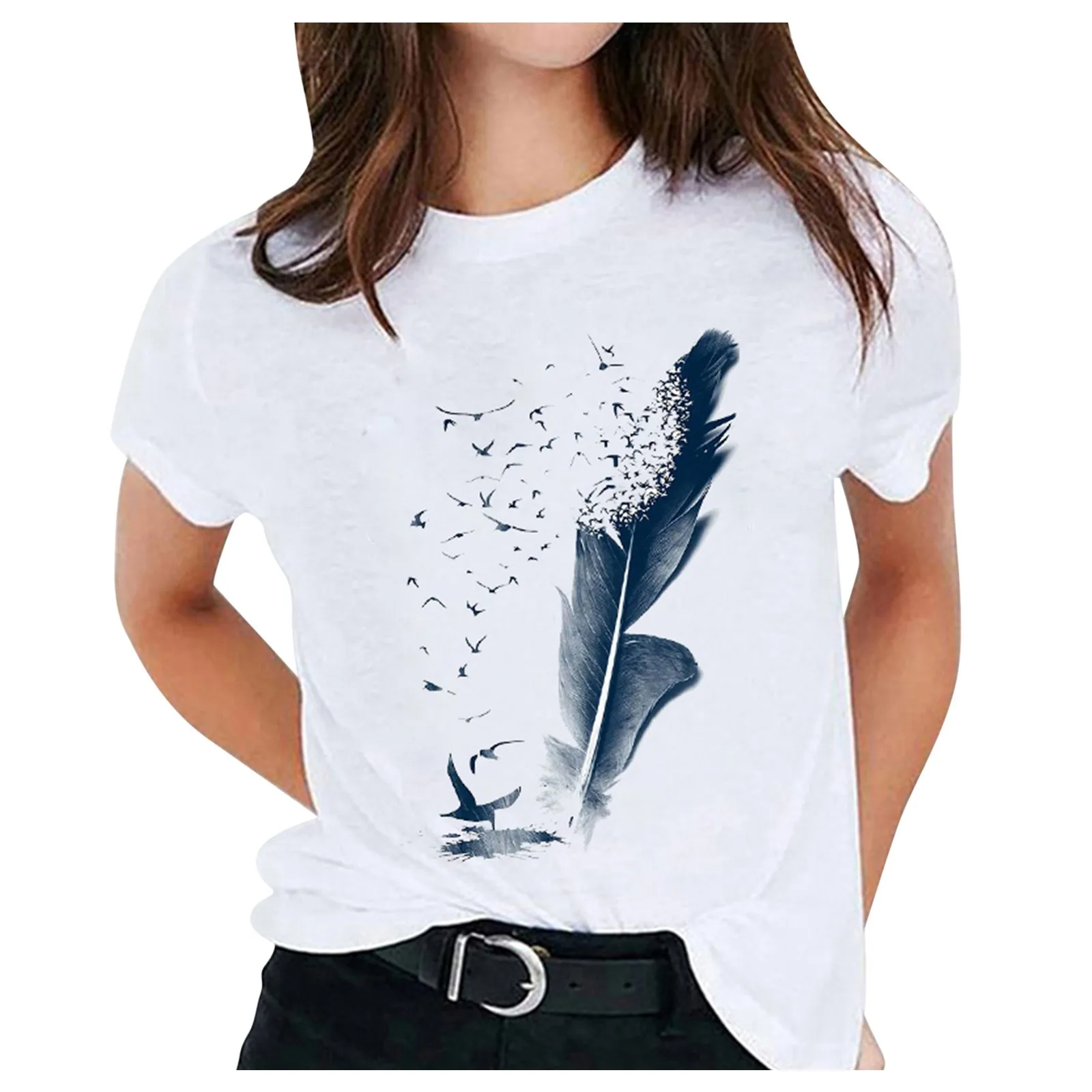 2021 T Shirt Women Fashion Solid Color Pattern Printed Round Neck Short Sleeve Casual T-shirt Summer Clothes For Women Top Mujer 2