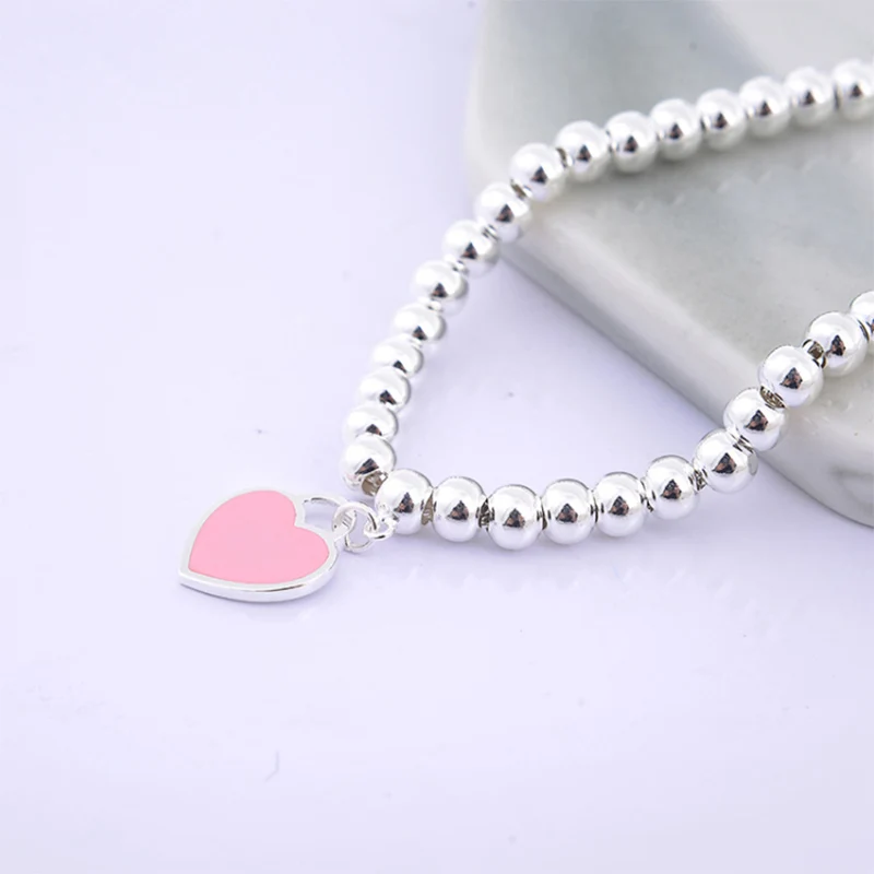 bracelet pink Romantic Europe Style Heart Pendant Necklace blue Pink bracelet Double Heart Link Chain Necklace For Woman Jewelry - Окраска металла: bracelet pink
