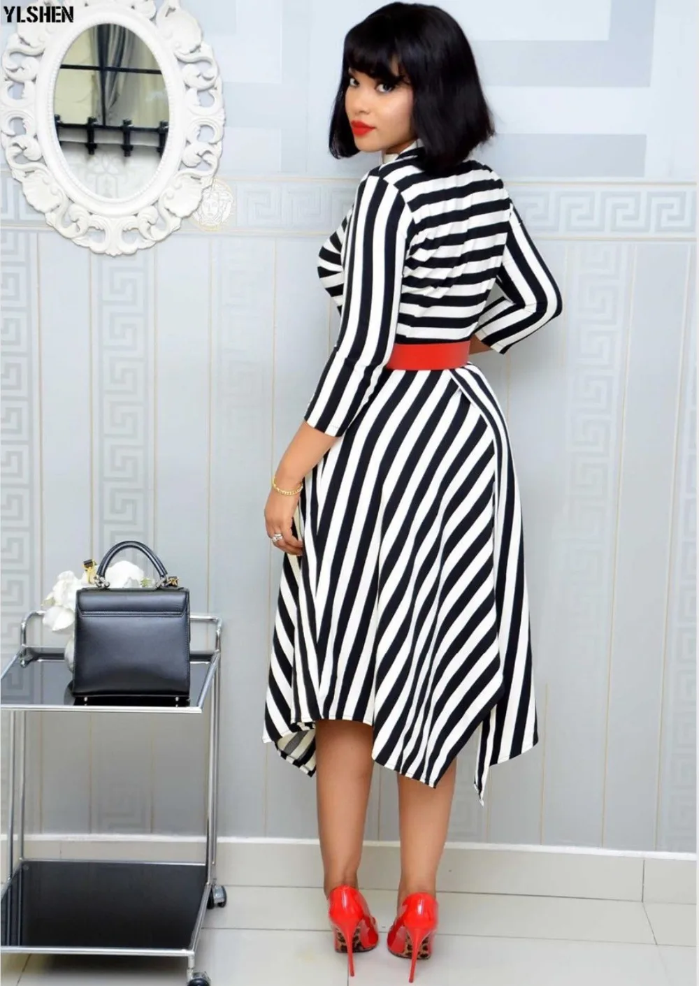 African Dresses For Women Stripe Africa Clothing Ankara Long Dress High Quality Length Fashion African Dress For Lady With Belt 34