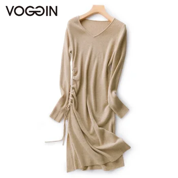 

VOGGIN woolen dress Women party dresses evening V-neck Merino wool Knitted wear worsted full sleeve vestido soft 2020 Fashion