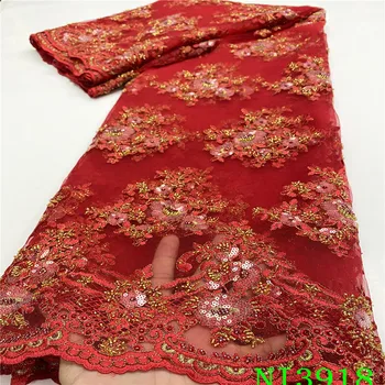 

Fashion Red Embroidered Tulle Fabric French Tulle lace Fabric High Quality Handmade Mesh Material With Sequins and Beads