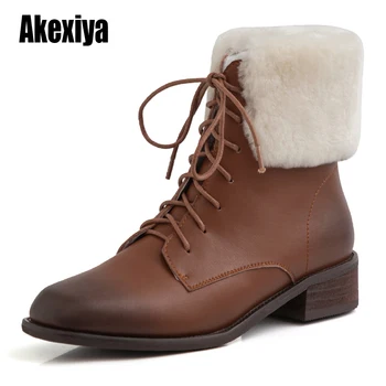 

2020 winter Genuine Leather wool women's Low-heeled snow boots warm military boots women's platform shoes u918