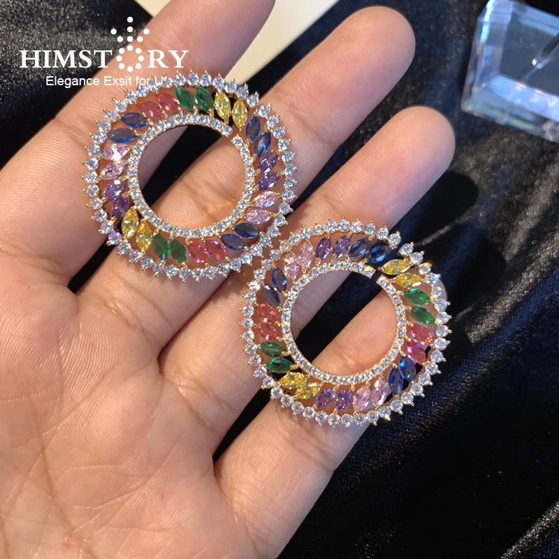 

Himstory Sweety Round Colorful Earrings Micro Paved Multi-color Cubic Zircon 925 Sterling Pins Earring Wedding PArty Jewelry