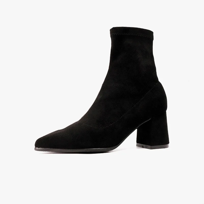 

KATELVADI Fashion Women Ankle Boots Flock 7CM Block High Heels Winter Shoes Woman Pointed Toe Rubber Winter Boots Black YLT-001