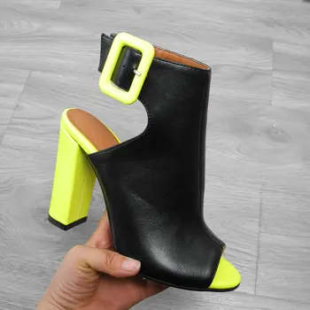 

Summer High Heels Sandals Women Open Toe Block Heel Shoes Woman Sandals Buckle Hit color stitching Sandals Black 2020