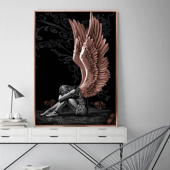 

Angels And Demons Canvas Painting Gray Character wings Skull Posters and Prints Cuadros Wall Art Picture for Living Room decor