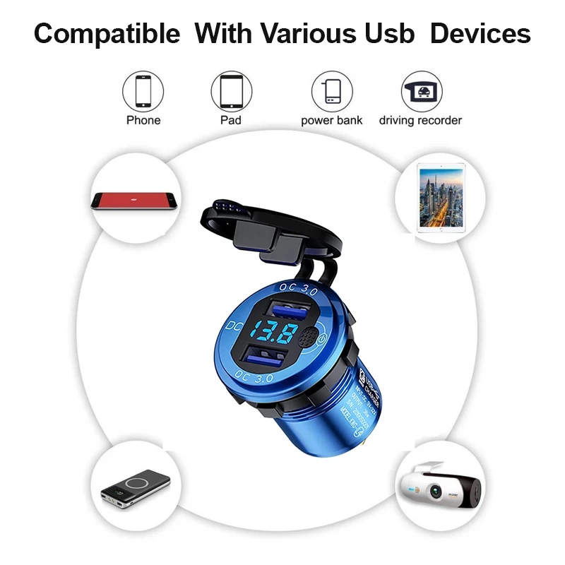 Quick Charge 3.0 Dual USB Charger Waterproof Socket Aluminum Power Outlet Fast Charge With LED Voltmeter For 12V 24V Car Boat