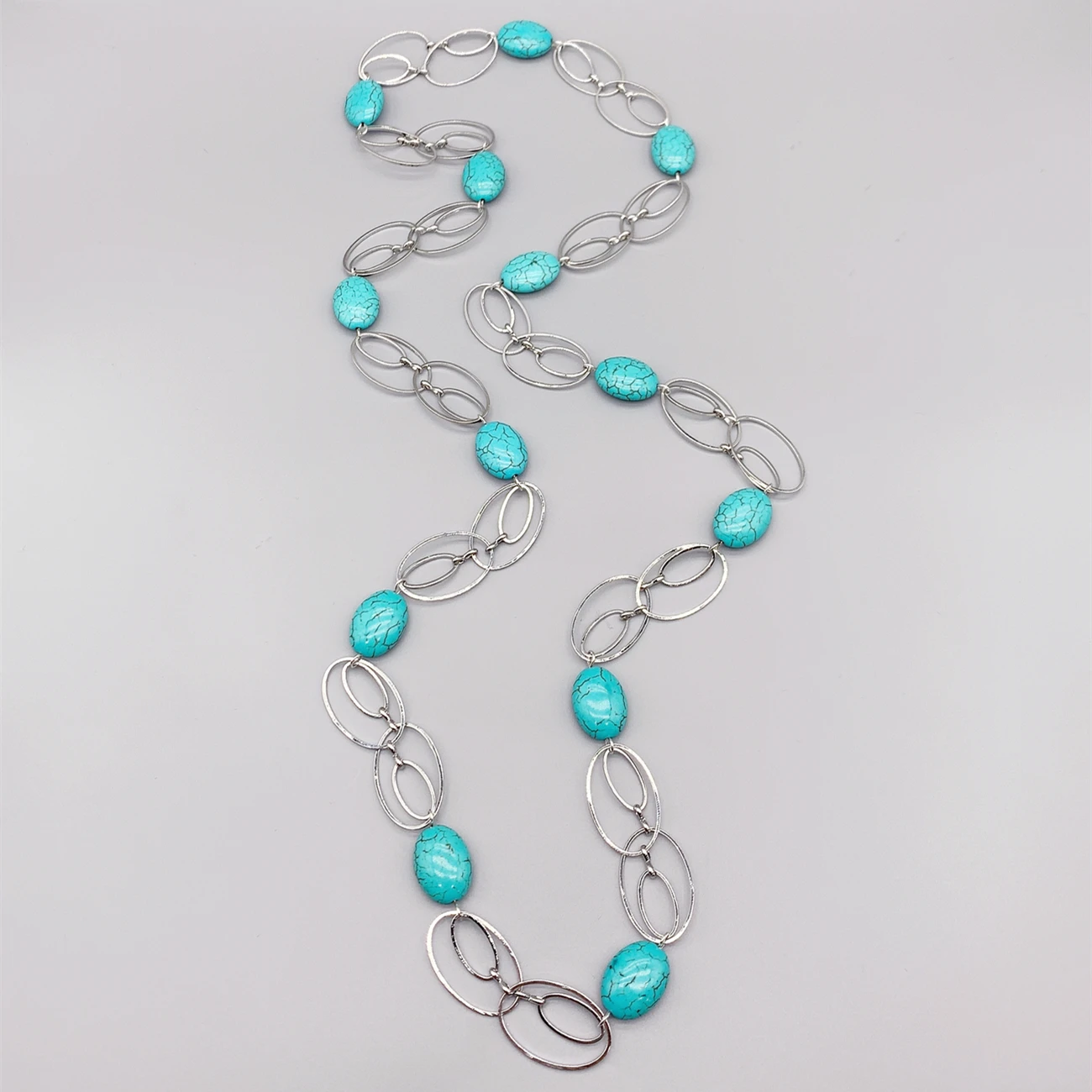 FoLisaUnique Stylish Long Silver Link Chains Oval Turquoise Necklace For Women Trendy Jewelry