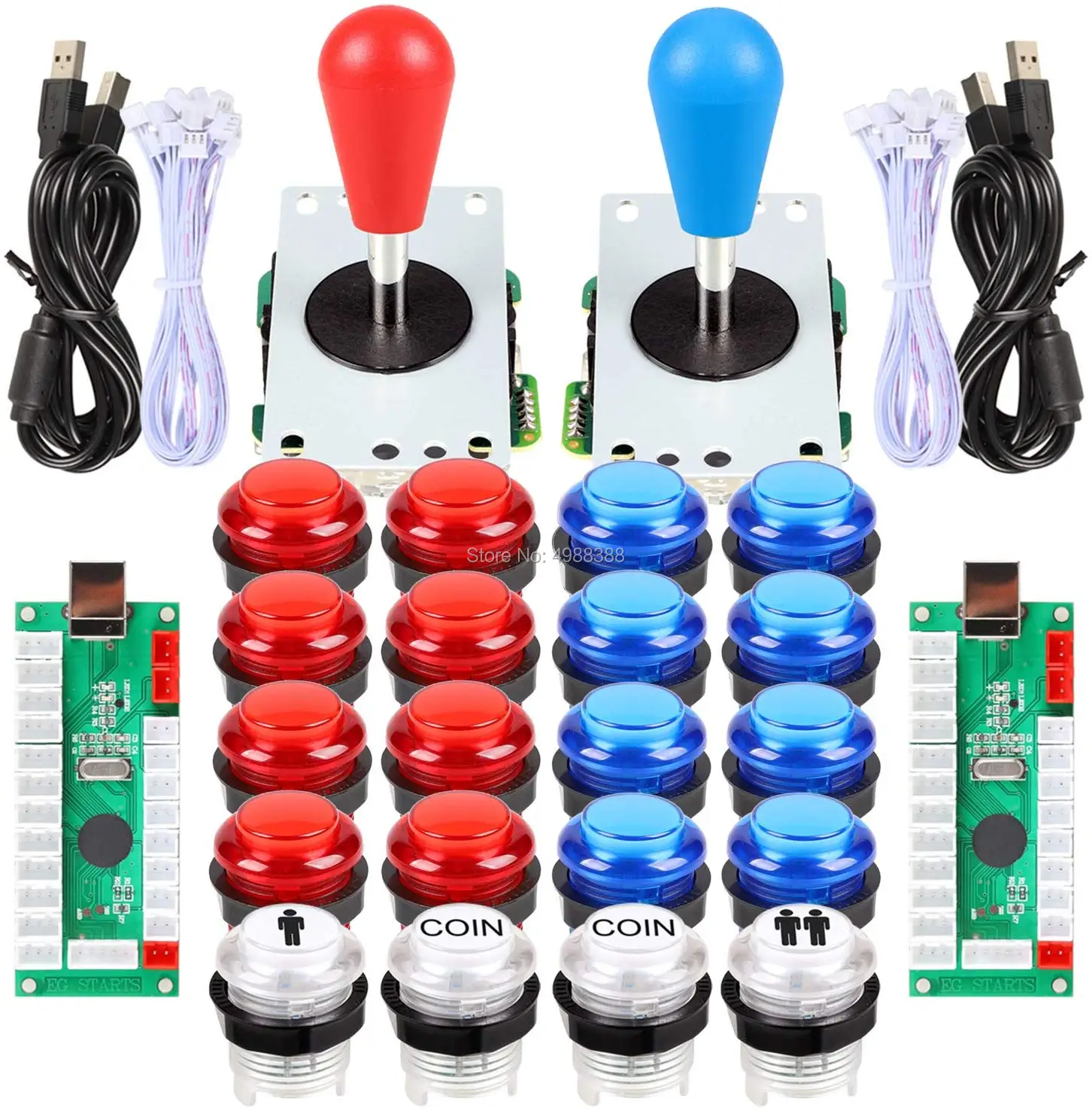 New joysticks 2 Player Arcade Games DIY Kit Parts Ellipse Oval Joystick Handles + 20 LED lit Buttons (Red & Blue Kit) | Электроника