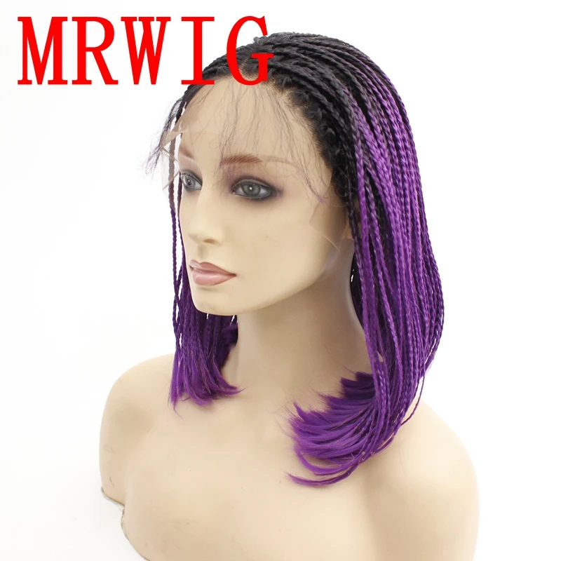 MRWIG короткие плетеные косички синтетический передний парик шнурка настоящие волосы изображение 12 дюймов 180% Плотность Омбре фиолетовый цвет волос Детские волосы