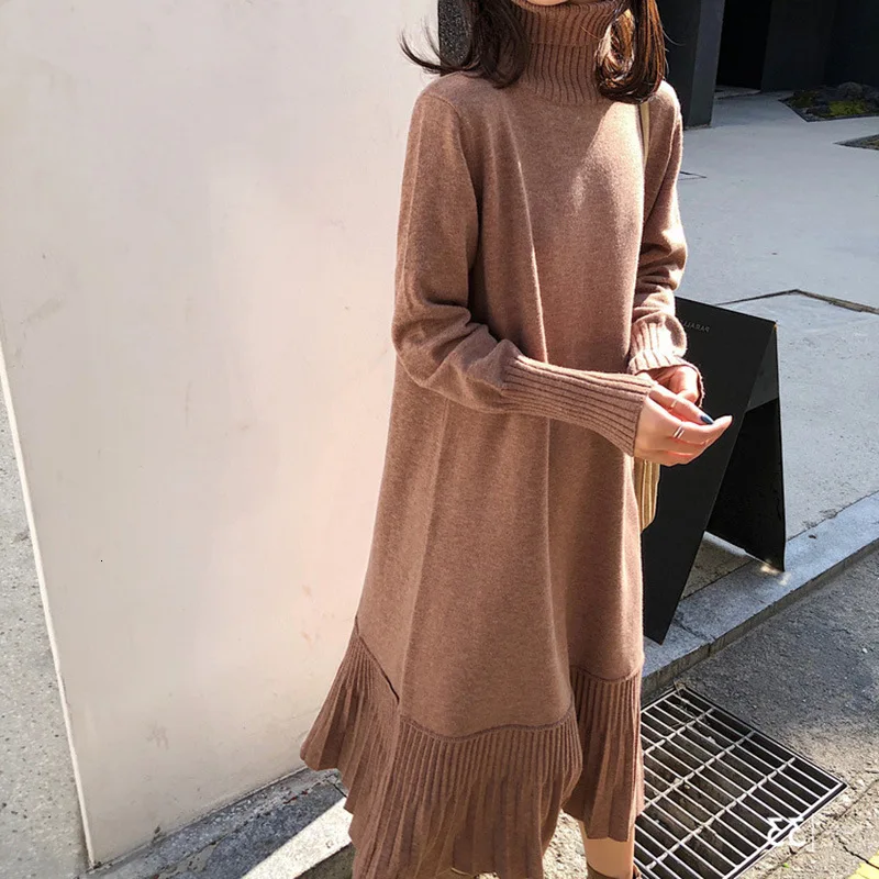 

2021 Women Autumn Solid Casual Sweater Long Dress Elegant Warm Knitted Ruffles Vestido Female Turtleneck Sexy Dresses