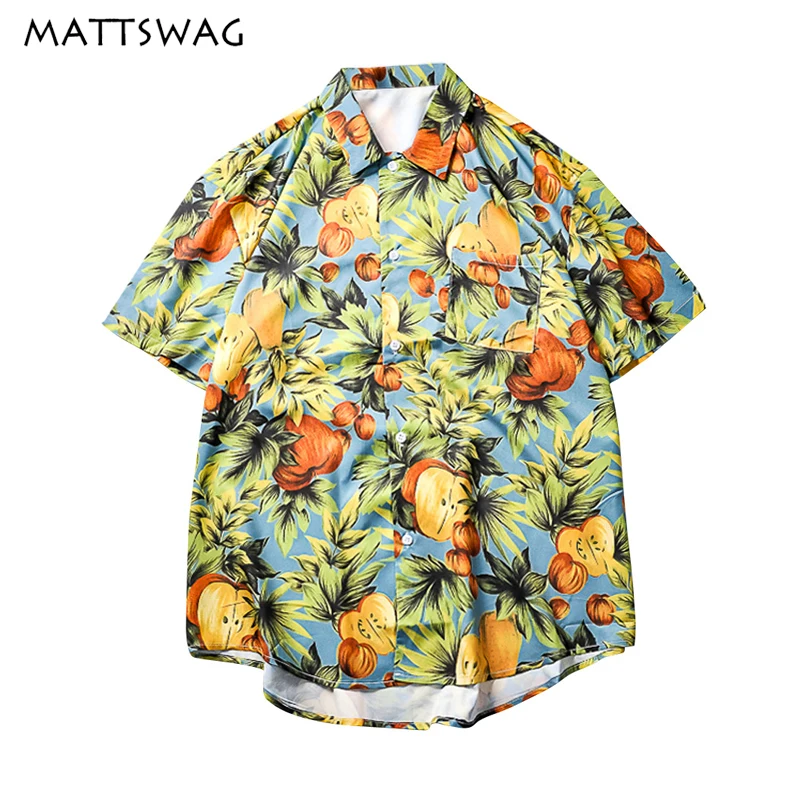 

MATTSWAG Apple Leaf Print Men Hawaiian Beach Shirts Summer Tropical Casual Men Vintage Shirts Holiday Mens Plus Size Clothing