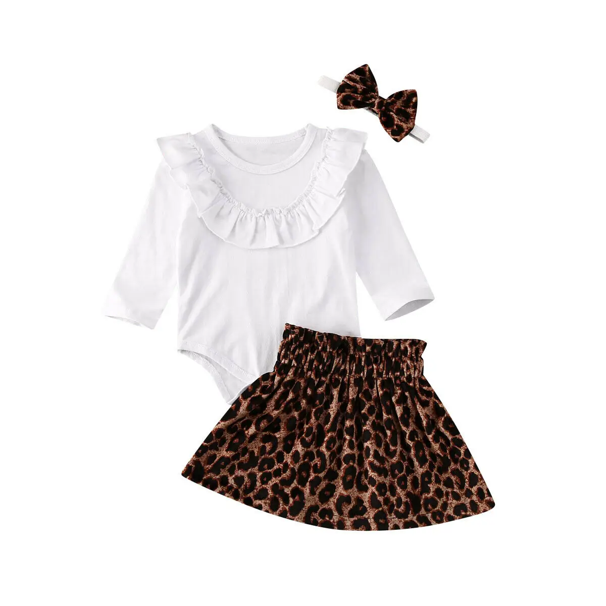 Леопардовые для малышей и девочек, комплекты одежды для новорожденных, однотонный комбинезон с длинными рукавами, Топы+ юбка трапециевидной формы с принтом+ повязка на голову, комплекты для 0-24 месяцев - Цвет: Белый