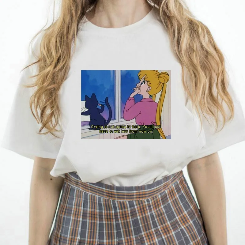Sailor Moon летняя футболка для женщин Harajuku короткий рукав забавная футболка Ulzzang футболка с милым котом женские футболки с героями мультфильмов
