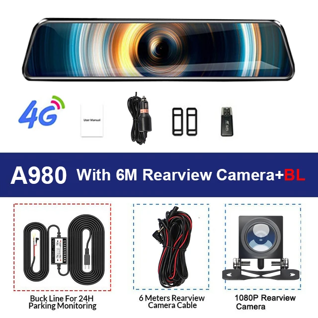 A980 6M RCC-BL Diagtech Автомобильный видеорегистратор, 10 дюймов, 4G, gps, видеорегистратор, автомобильная камера, двойной объектив, зеркало заднего вида, авто регистратор, Android 8,1, ADAS, видеорегистратор - Название цвета: A980 6M RCC-BL
