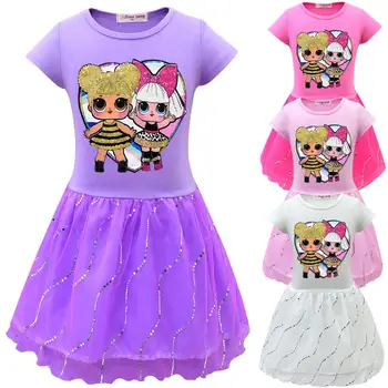 

Little Girl L.O.L Dress Cartoon Baby Children's Clothing Kids Short Sleeve Dress Girl Dolls Clothes Birthday Party Vestidos