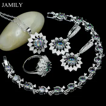 

Mystic Rainbow Cubic Zirconia Flower Bridal Jewelry Sets for Women Fashion Earrings/Pendant/Ring/Necklace/Bracelet Dropshipping