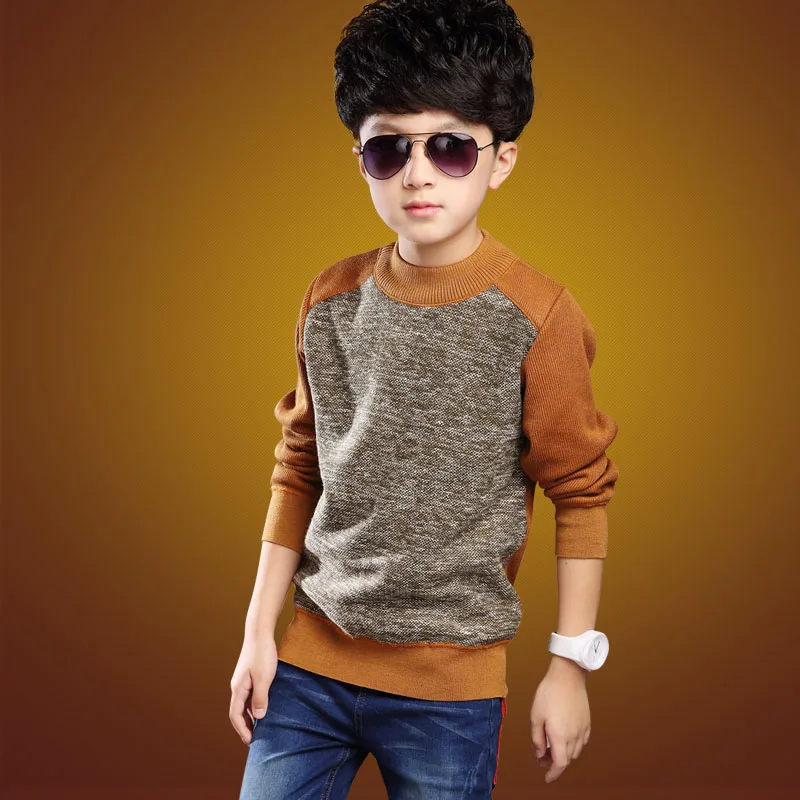 

Boys Autumn & Winter Knitted Sweaters Children's Velvet Thickened Pullovers Kids Fashion Patches Spliced Knitwear Clothes P75