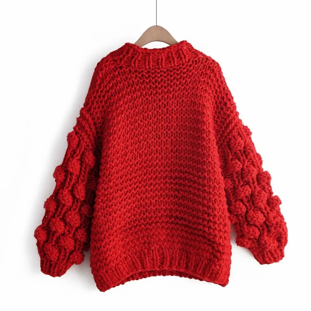 Свитер с объемным цветком на крючке, Женский вязаный свитер с рукавами-фонариками, пуловер, Свободный Повседневный теплый свитер с объемными шариками - Цвет: Красный